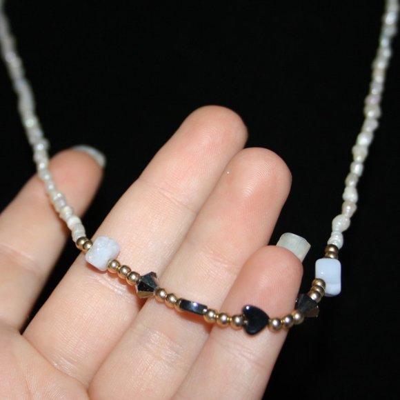 Natural pearl and gold necklace with stones 32"